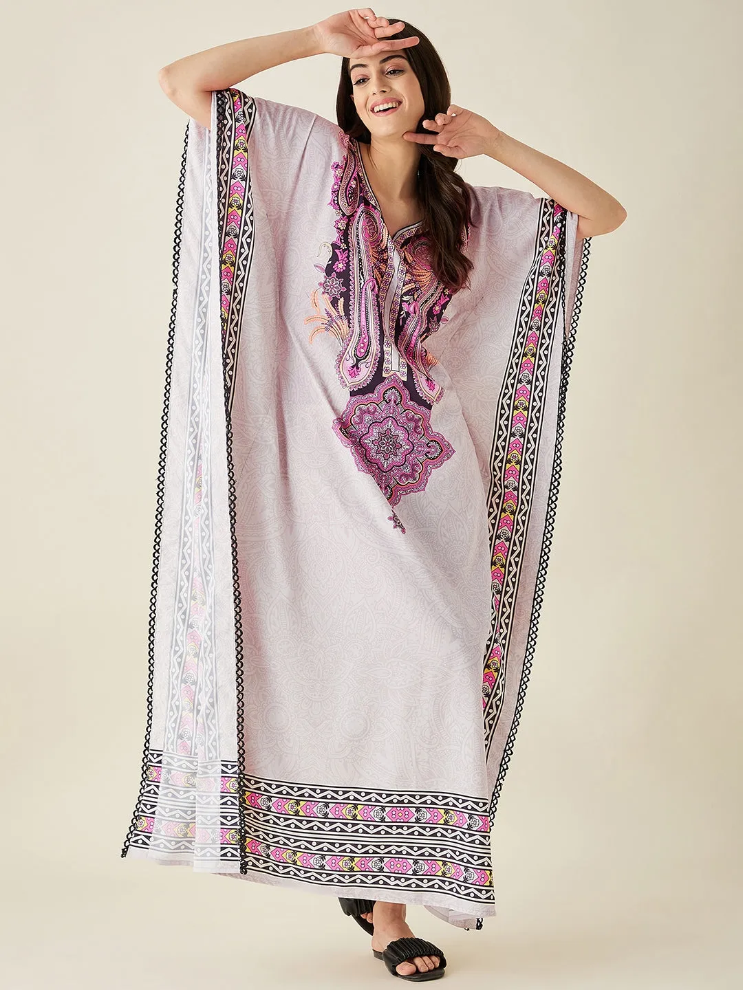 Grey And Pink Paisley Printed Kaftan Nightress - The Kaftan Company