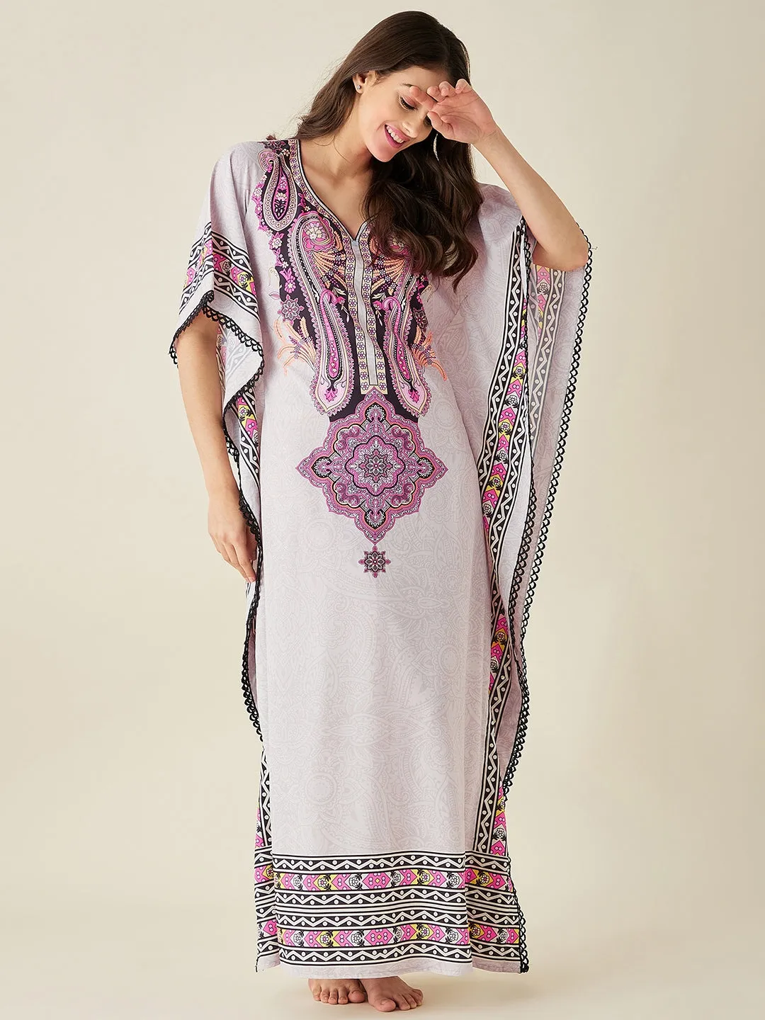 Grey And Pink Paisley Printed Kaftan Nightress - The Kaftan Company