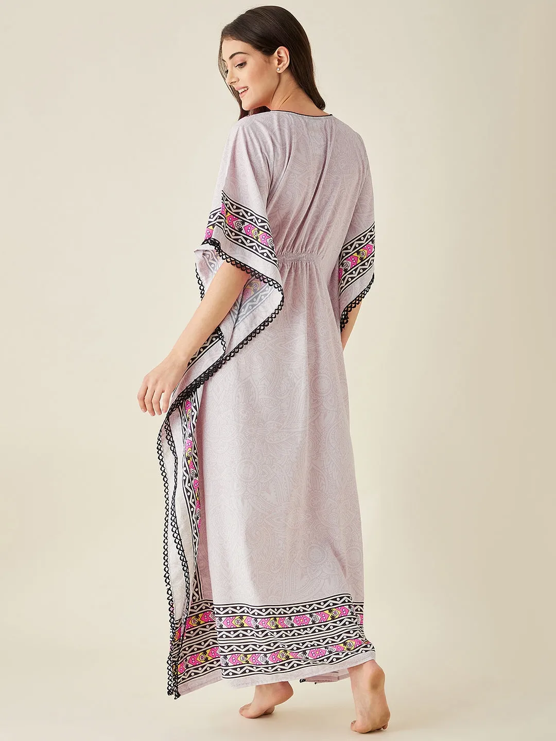 Grey And Pink Paisley Printed Kaftan Nightress - The Kaftan Company