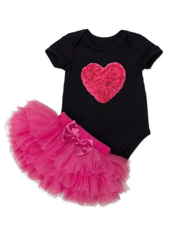 Heart Pattern Romper Princess Tutu Skirt Headband Set for Babies