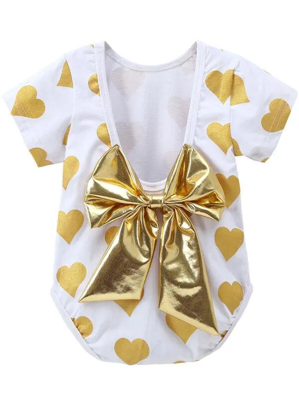 Hearts Pattern Printed Onesie Golden Bow Junpsuit for Babies