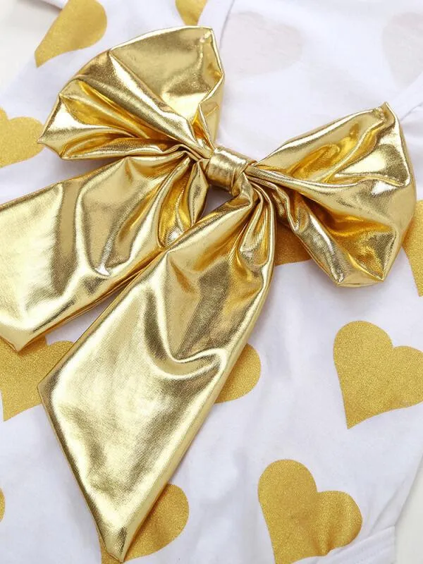 Hearts Pattern Printed Onesie Golden Bow Junpsuit for Babies