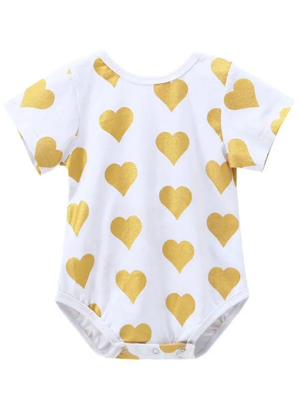 Hearts Pattern Printed Onesie Golden Bow Junpsuit for Babies