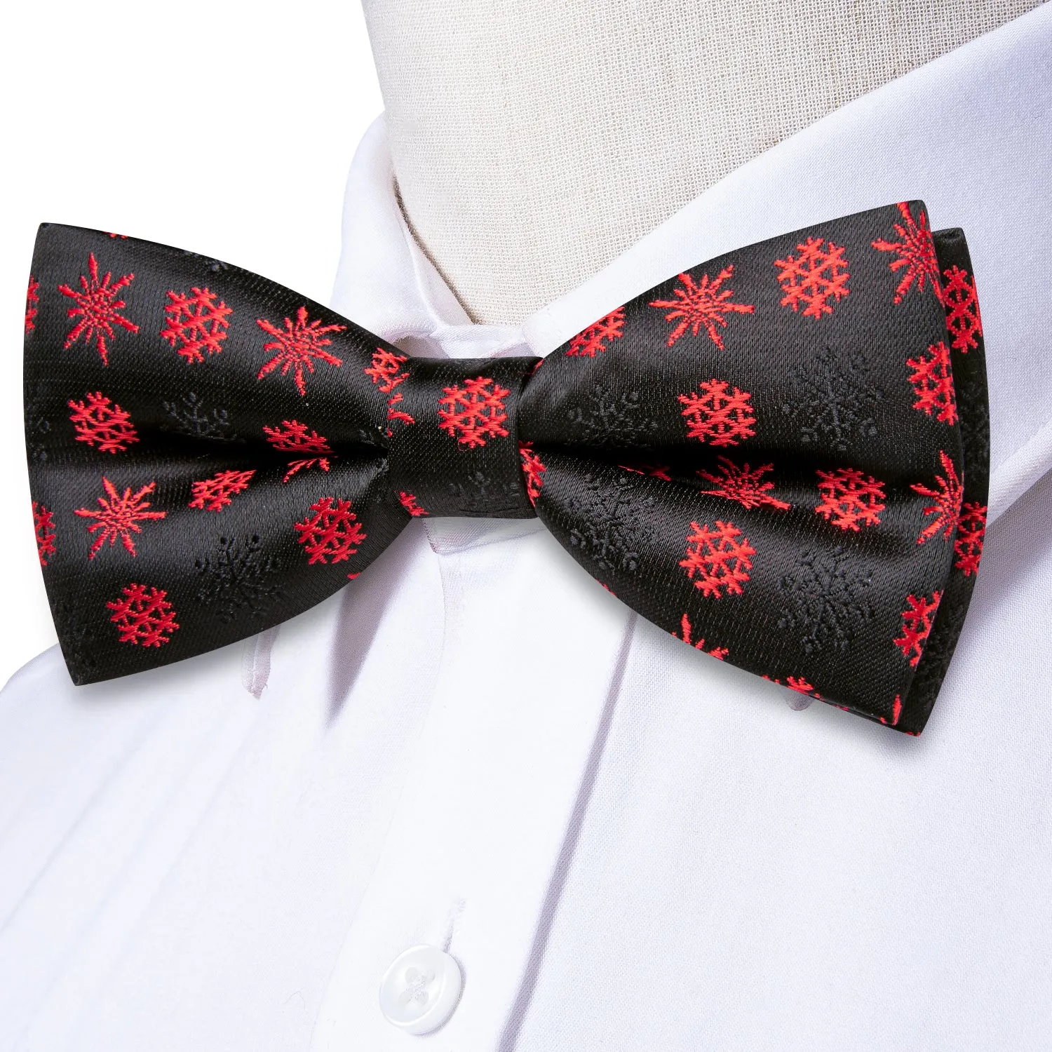 Hi-Tie Christmas Black Red Snowflake Pre-tied Bow Tie Hanky Cufflinks Set