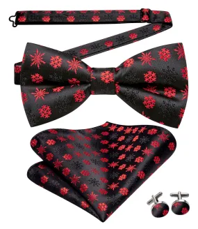 Hi-Tie Christmas Black Red Snowflake Pre-tied Bow Tie Hanky Cufflinks Set