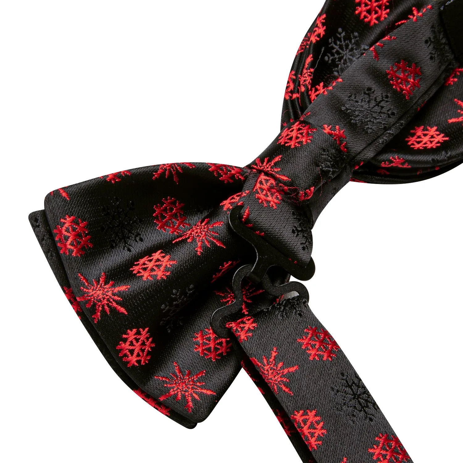 Hi-Tie Christmas Black Red Snowflake Pre-tied Bow Tie Hanky Cufflinks Set