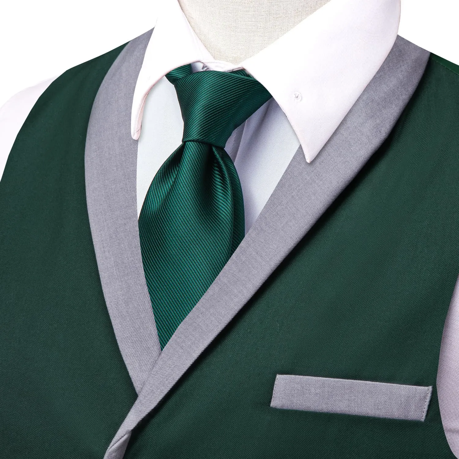 Hi-Tie LightGrey Shawl Collar Sapphire Pine Green Solid Waistcoat Formal Vest