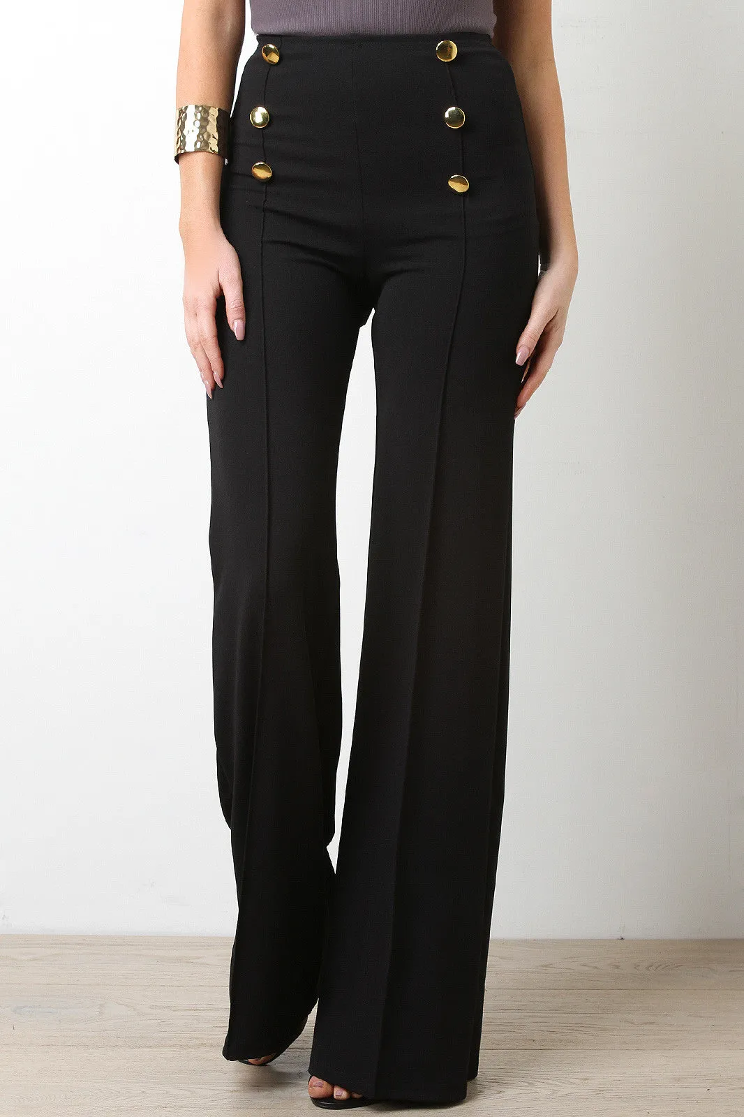 High Waisted Palazzo Decor Button Pants