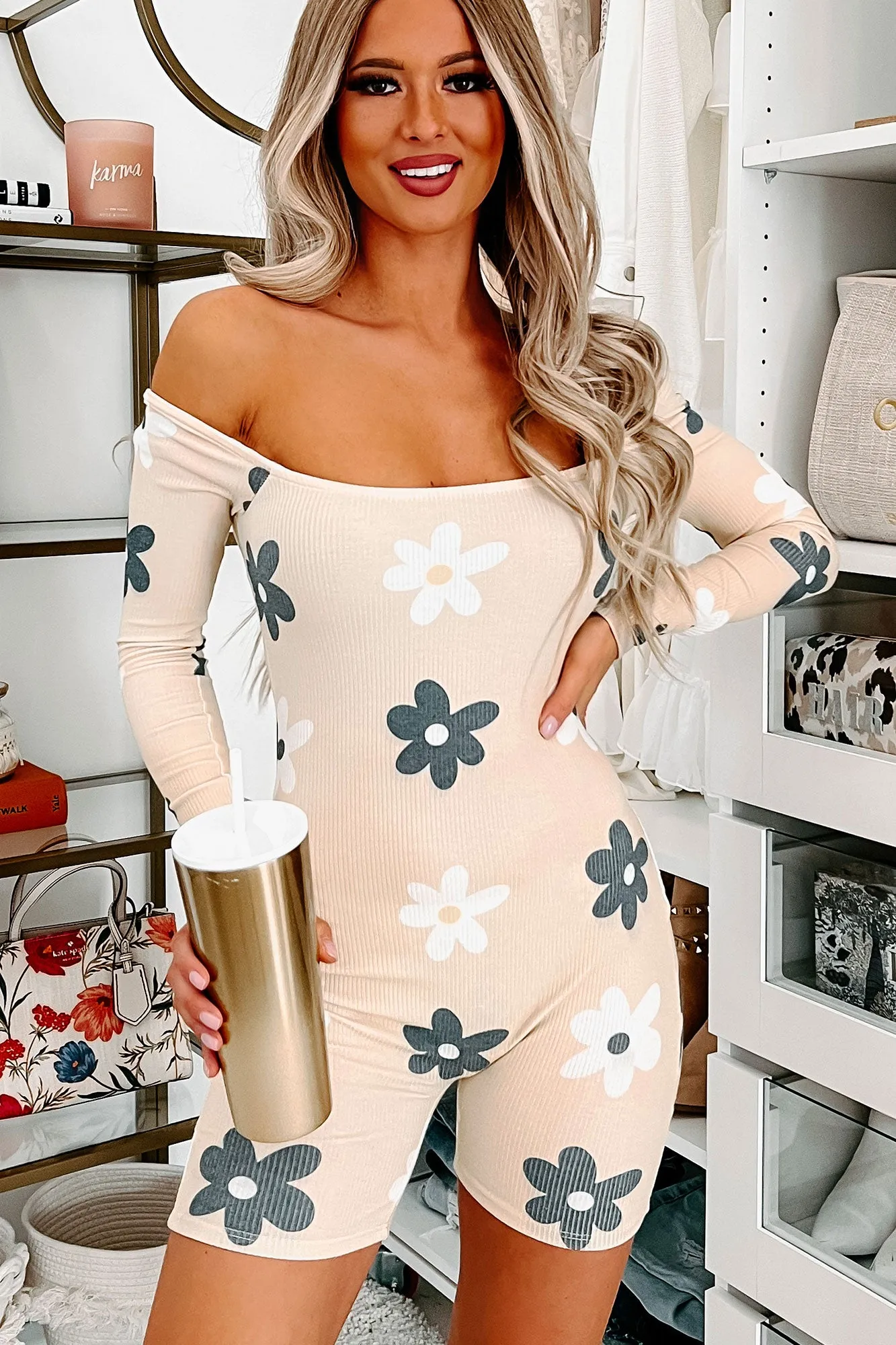 Innocent Nature Ribbed Floral Bodycon Romper (Cream Multi)