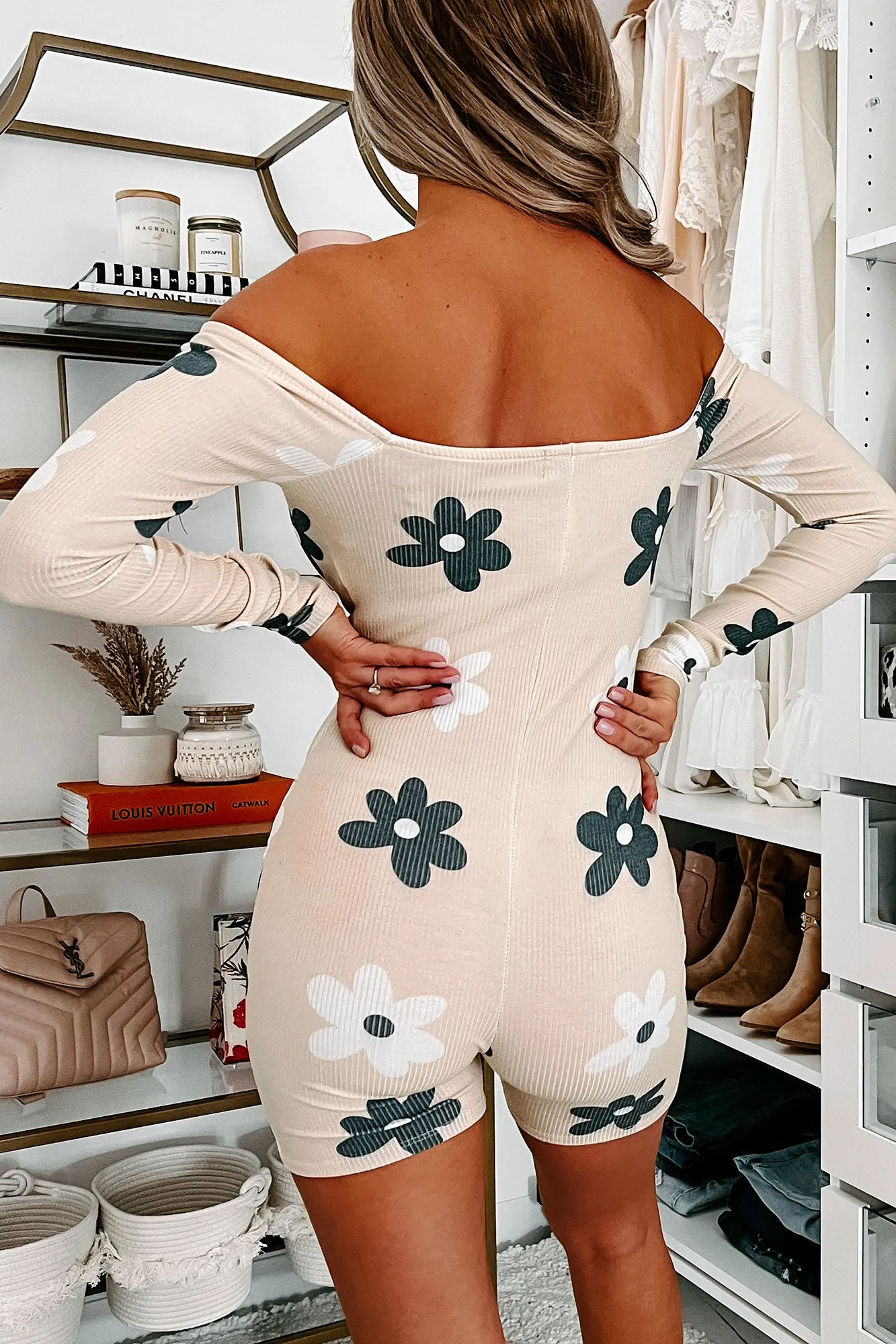 Innocent Nature Ribbed Floral Bodycon Romper (Cream Multi)