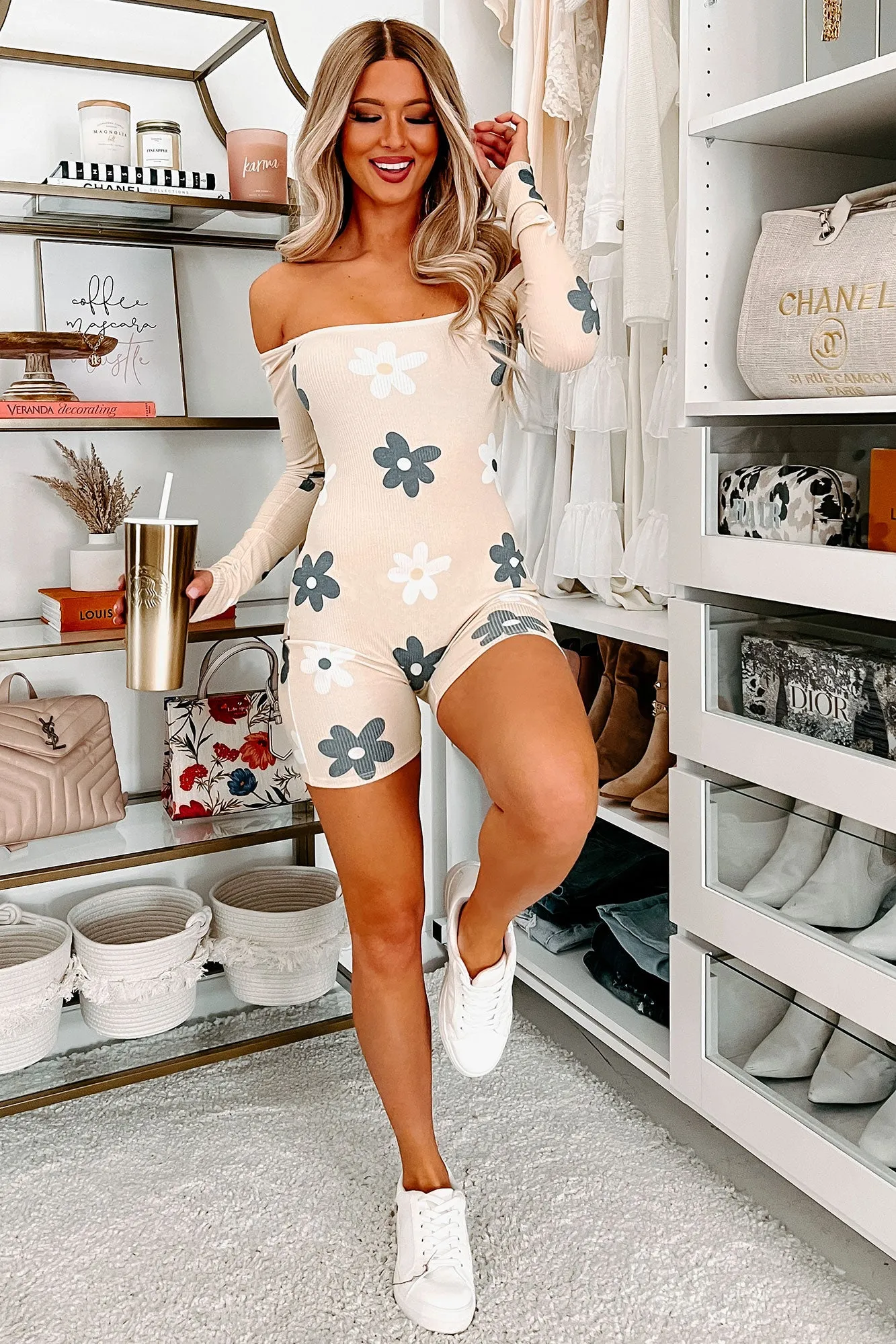 Innocent Nature Ribbed Floral Bodycon Romper (Cream Multi)