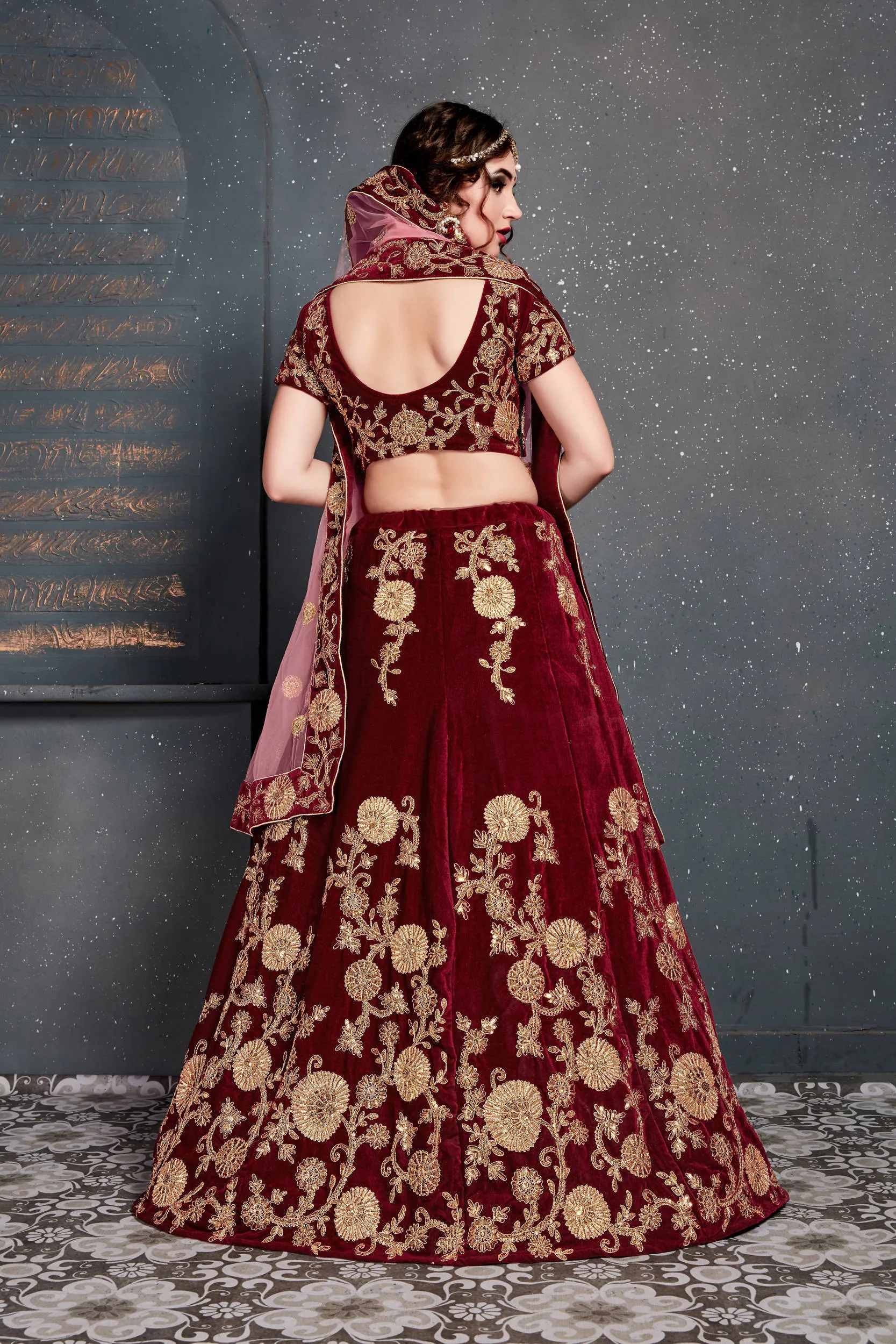 Innovative Maroon Bridal Wear Embroidered Velvet Lehenga Choli