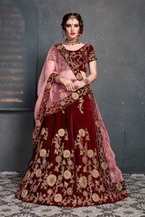 Innovative Maroon Bridal Wear Embroidered Velvet Lehenga Choli