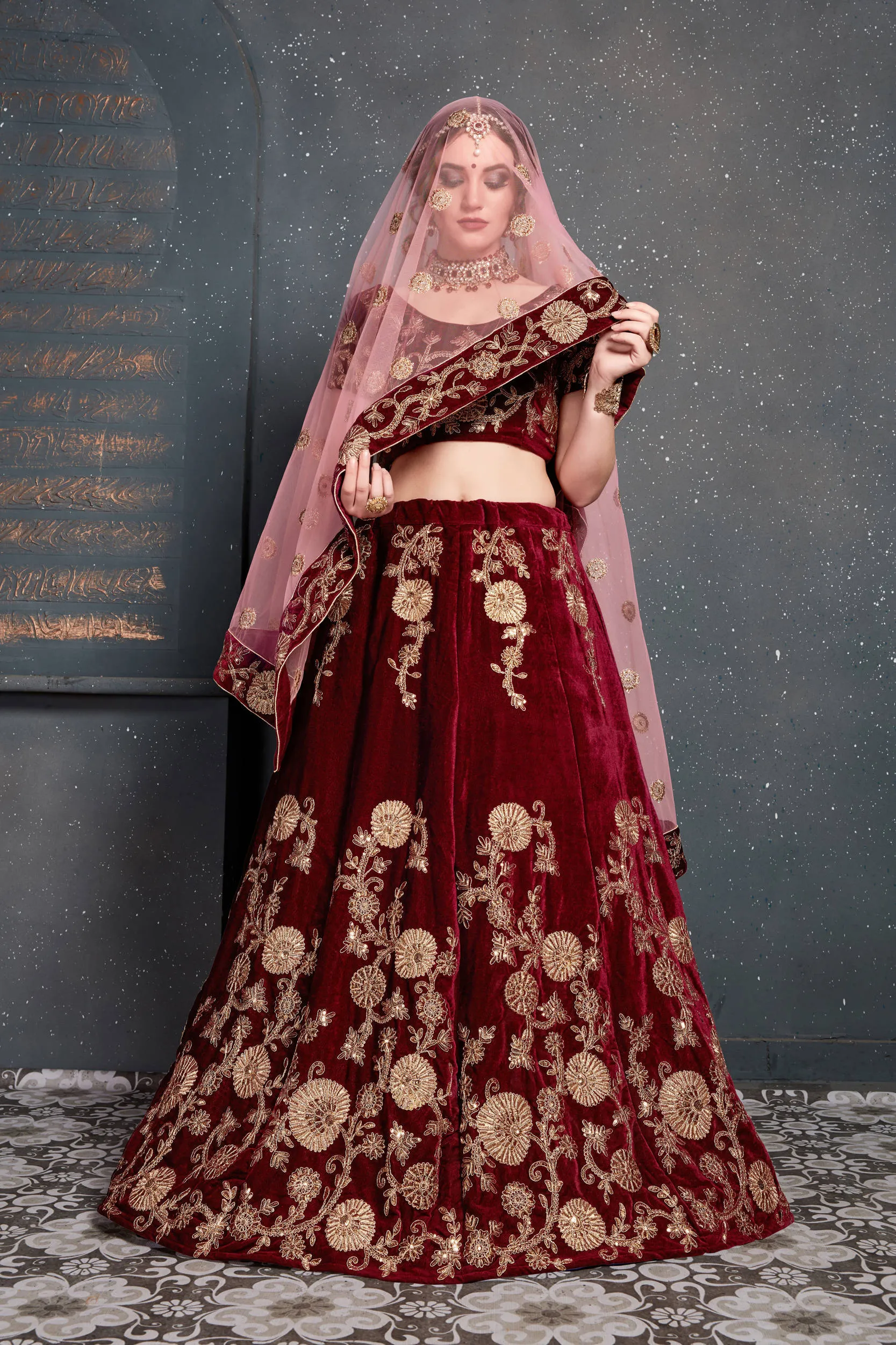 Innovative Maroon Bridal Wear Embroidered Velvet Lehenga Choli