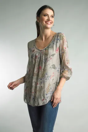 Italian Lightweight Printed Top with Sheer Sleeves