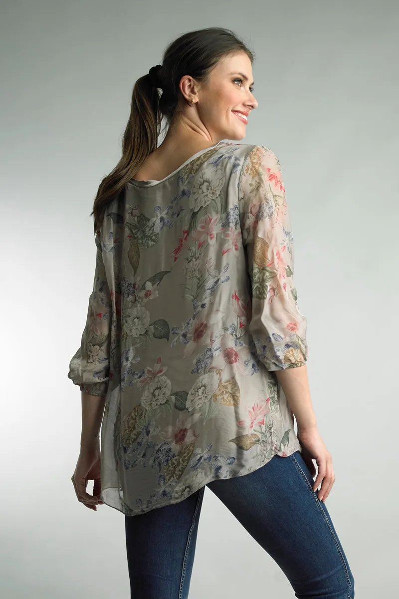 Italian Lightweight Printed Top with Sheer Sleeves