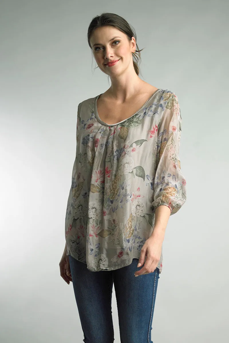 Italian Lightweight Printed Top with Sheer Sleeves