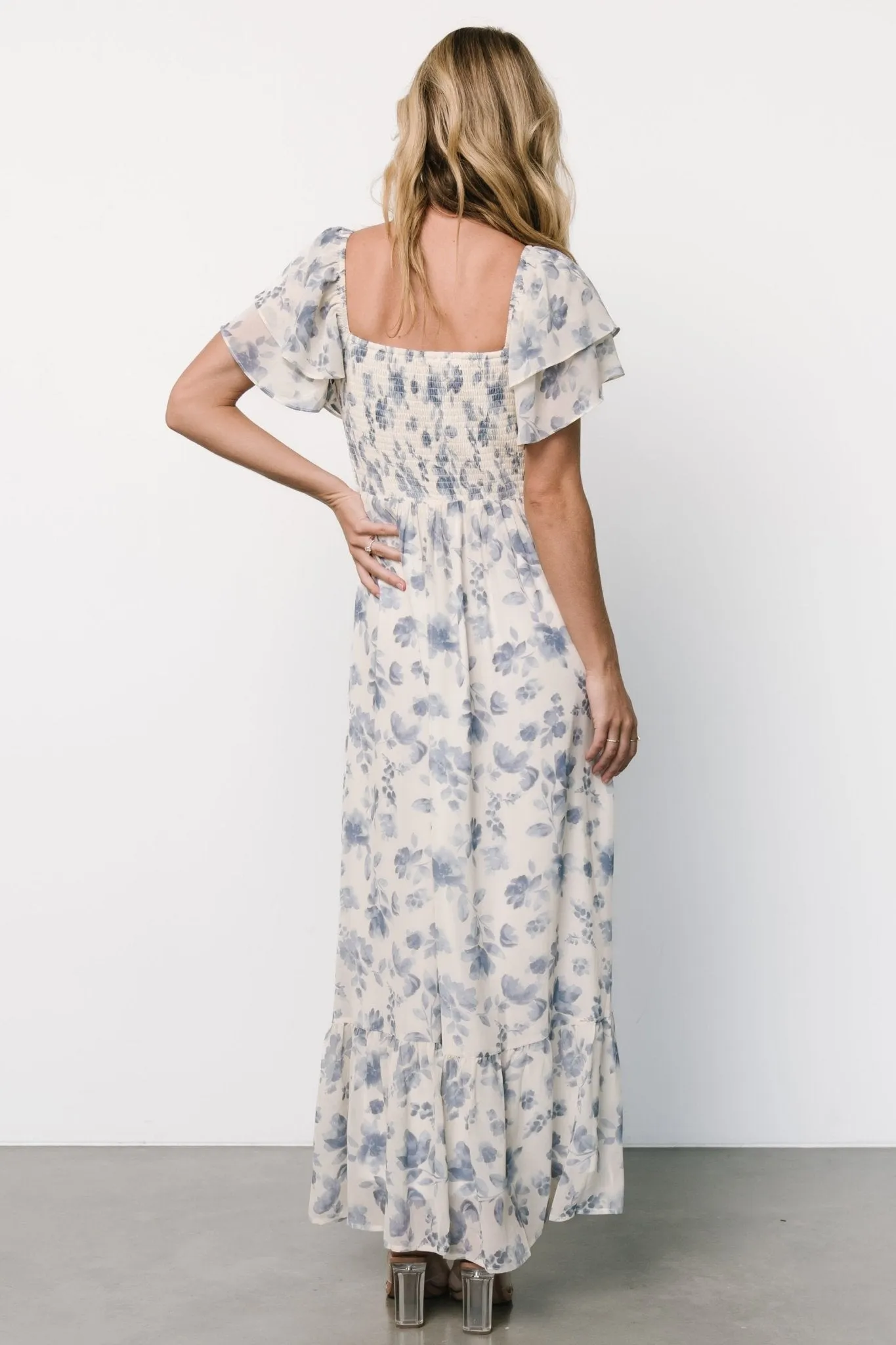 Juliana Pleated Top Dress | Ivory   Blue Floral