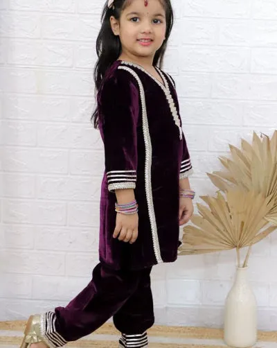 Kids Wine Velvet Beautiful Kurti Pant Set