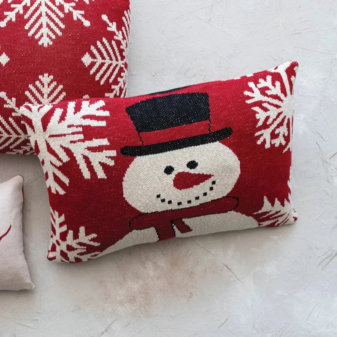 Knit Chenille Pillow w/ Snowman & Snowflakes, Red, White & Black