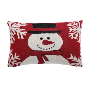 Knit Chenille Pillow w/ Snowman & Snowflakes, Red, White & Black