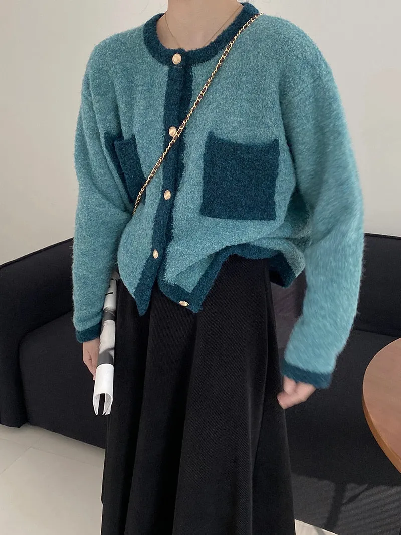 [Korean Style] Contrast Color Round Neck Cardigan