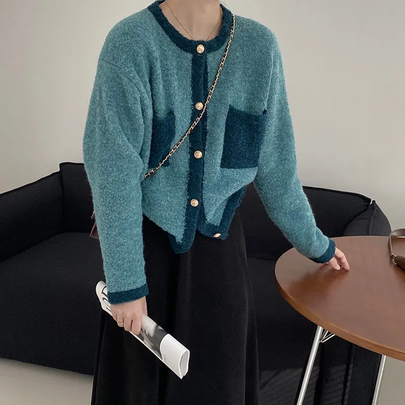 [Korean Style] Contrast Color Round Neck Cardigan