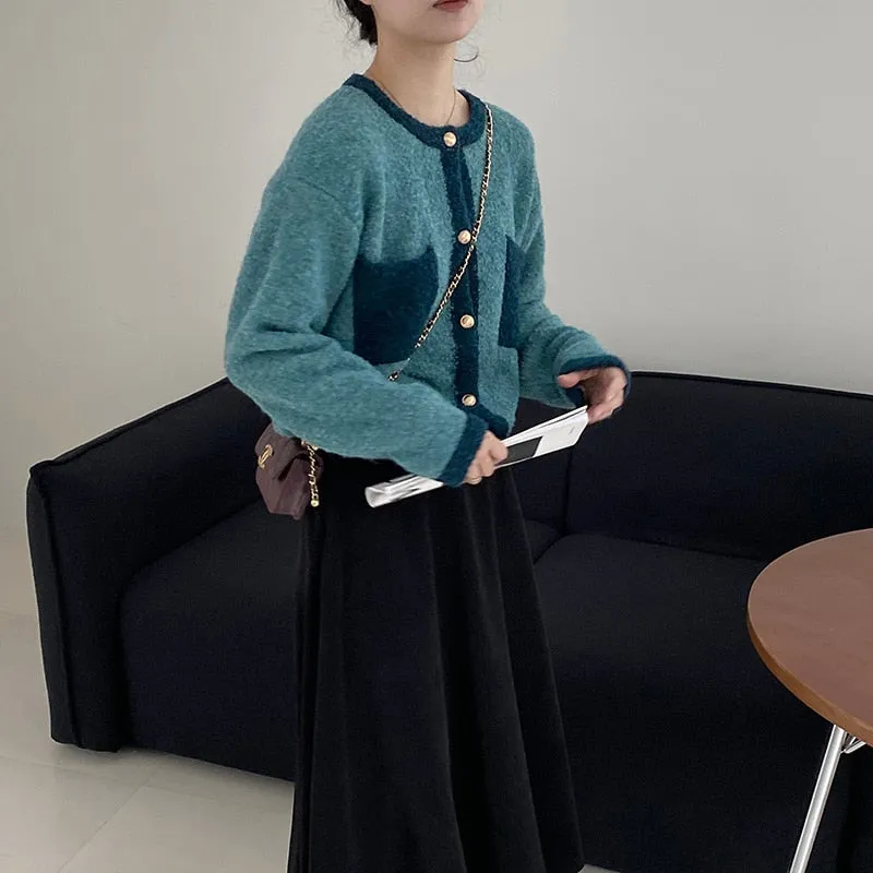 [Korean Style] Contrast Color Round Neck Cardigan