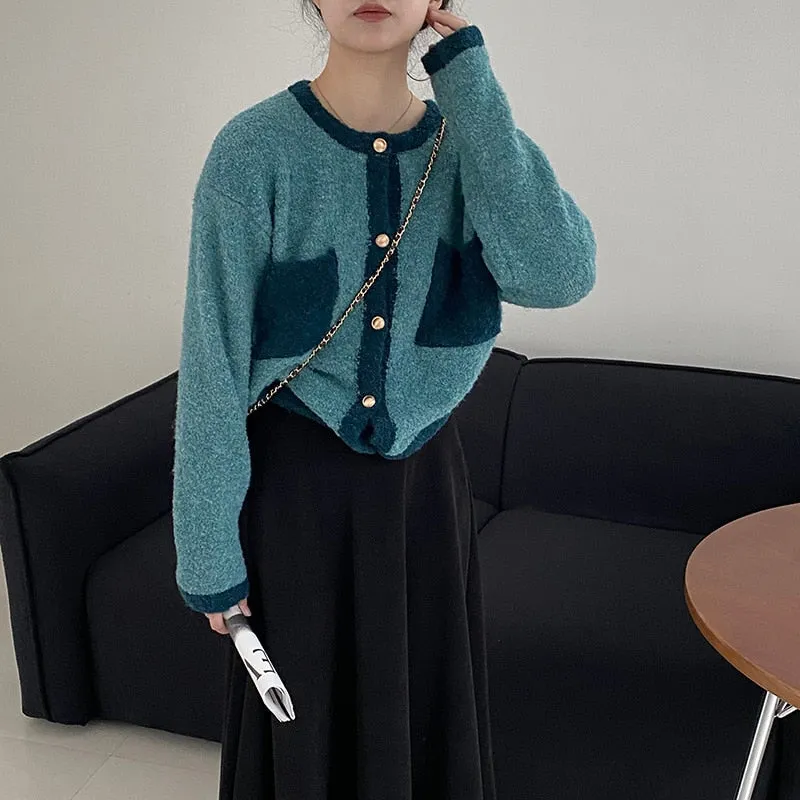 [Korean Style] Contrast Color Round Neck Cardigan