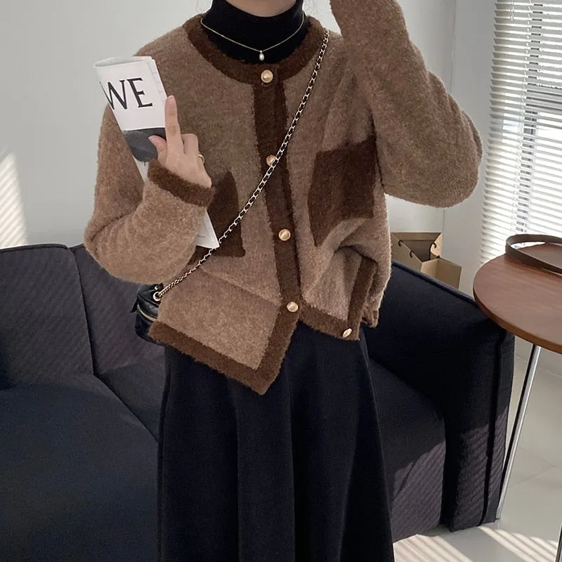 [Korean Style] Contrast Color Round Neck Cardigan