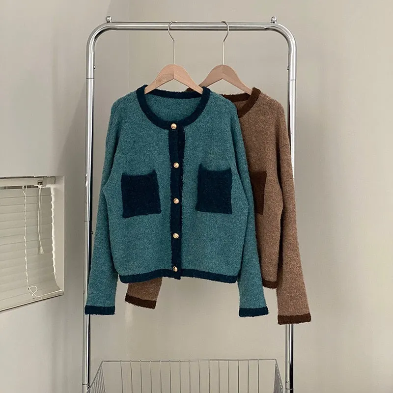 [Korean Style] Contrast Color Round Neck Cardigan