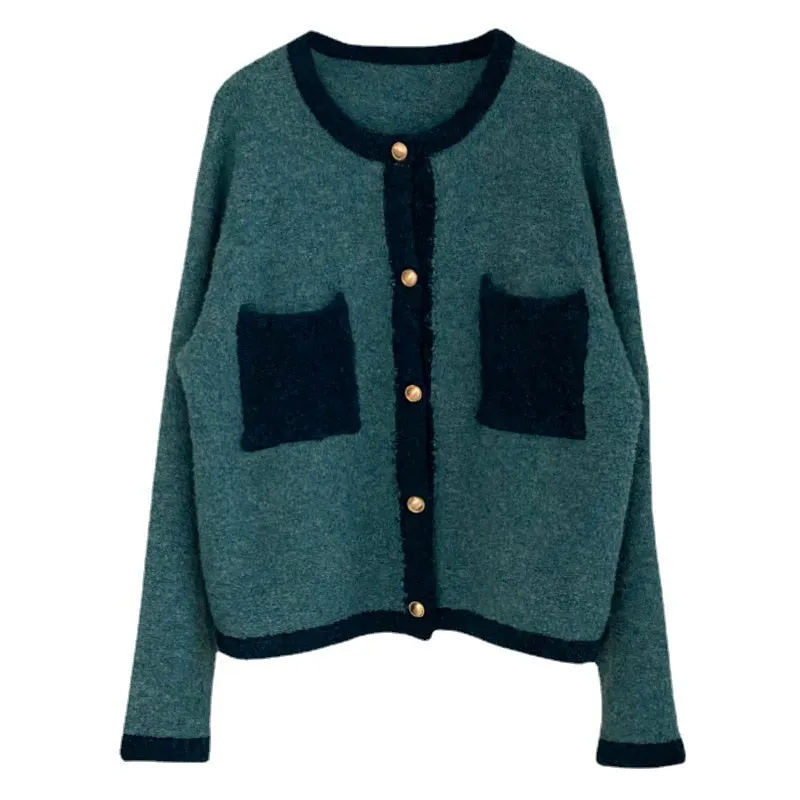 [Korean Style] Contrast Color Round Neck Cardigan