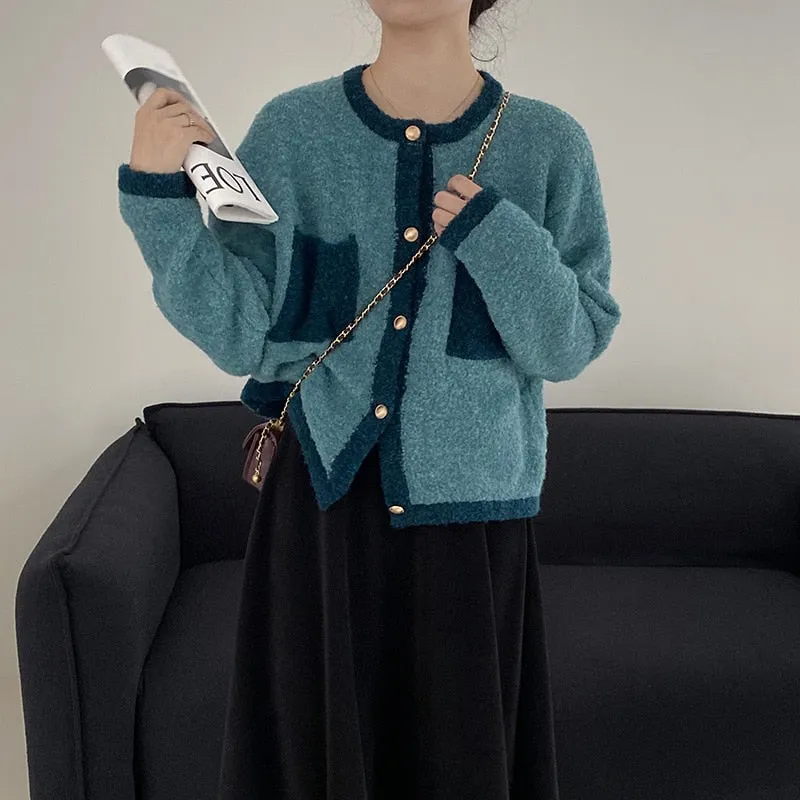 [Korean Style] Contrast Color Round Neck Cardigan