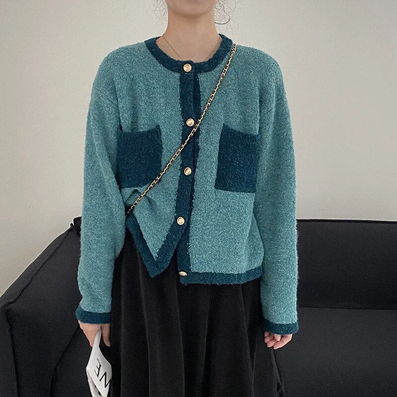 [Korean Style] Contrast Color Round Neck Cardigan