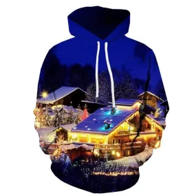 Landscape Sweatshirts men House 3d Printed Snow Hooded Casual Christmas Hoody Anime