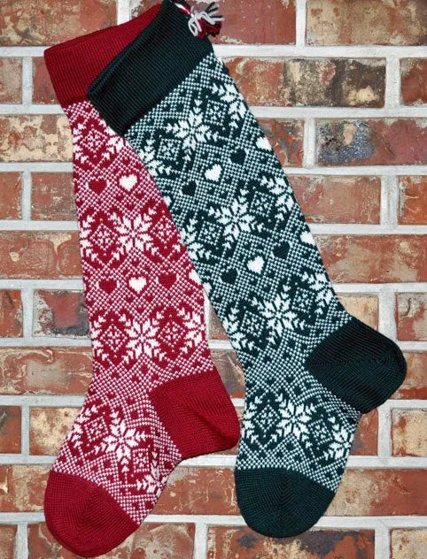 Large Personalized Knit Wool Christmas Stockings - Snowflakes and Hearts Matching Pair