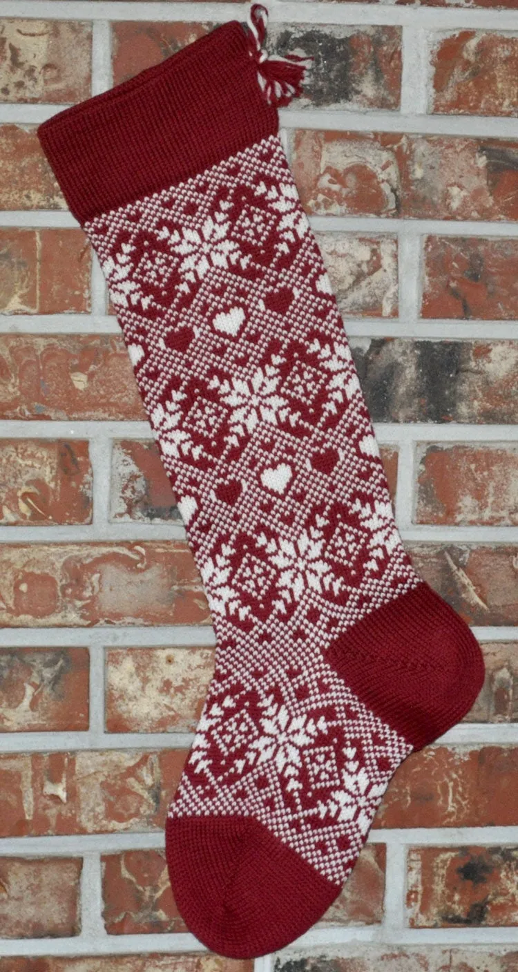 Large Personalized Knit Wool Christmas Stockings - Snowflakes and Hearts Matching Pair