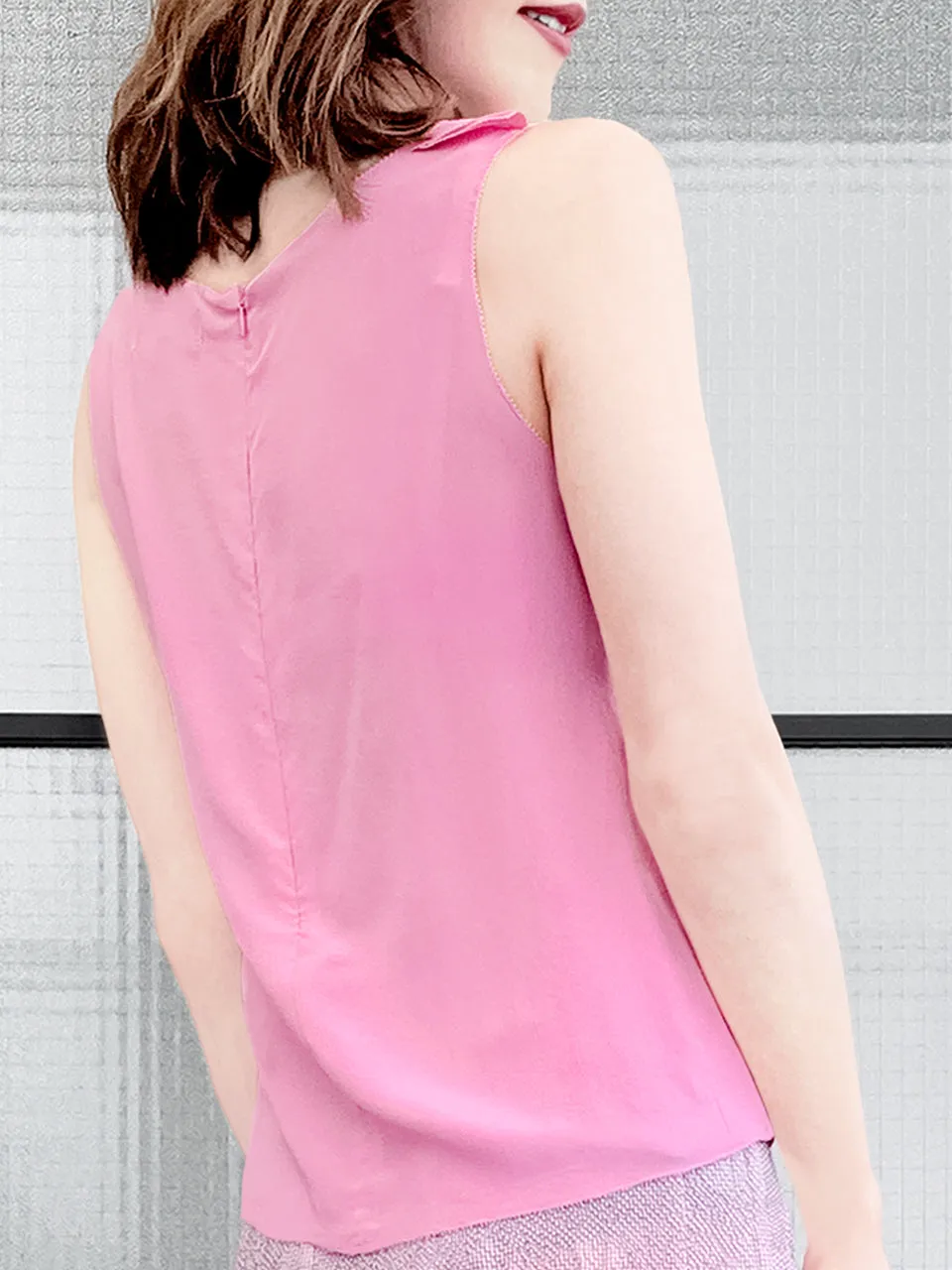 Last Chance! Pink Stitched Trim Empire Waist Silk Tank