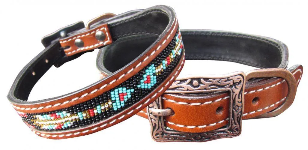 Leather Beaded Arrow Inlay Dog Collar