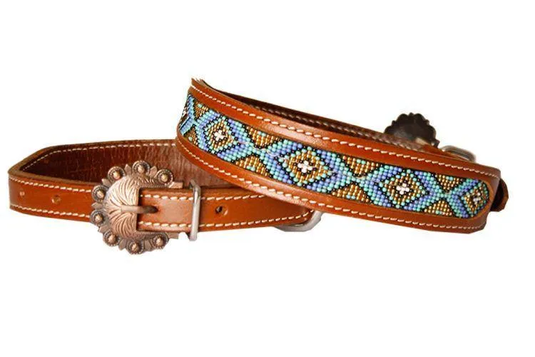 Leather Dog Collar with periwinkle, gold, and mint beaded inlay