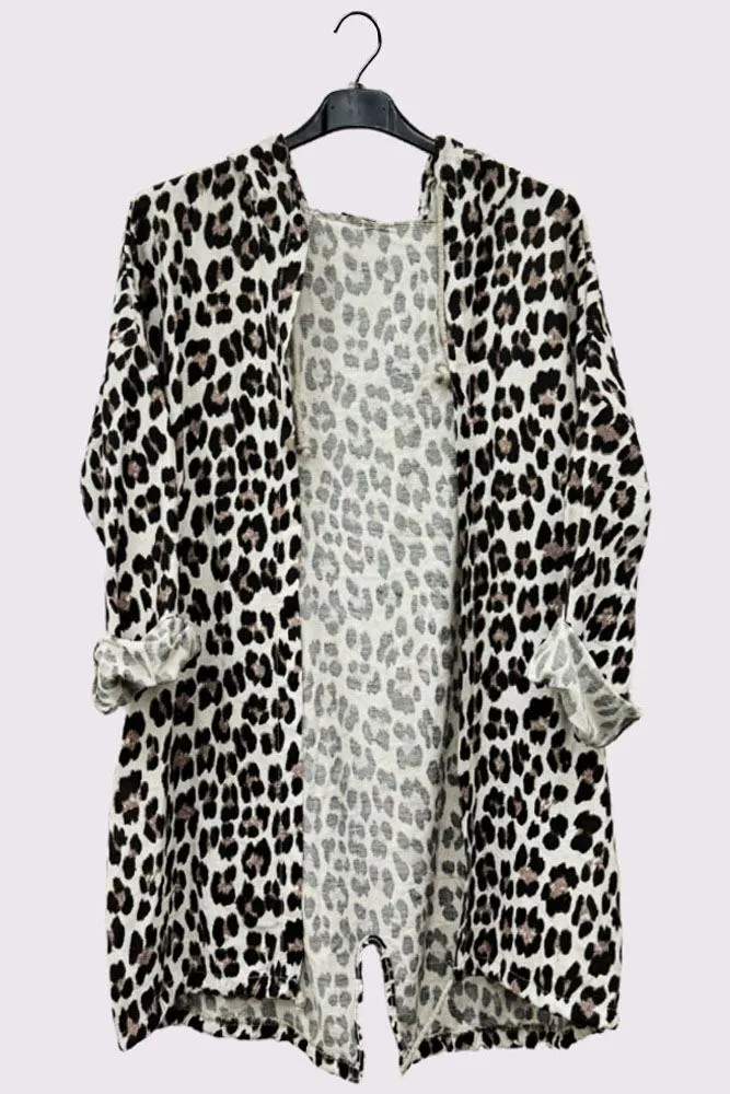 Leopard Print Hooded Drawstring Hem Cotton Cardigan