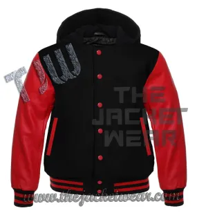 Lettermen Hoodies Black Wool & Red Leather Sleeve with Black/RedTrim