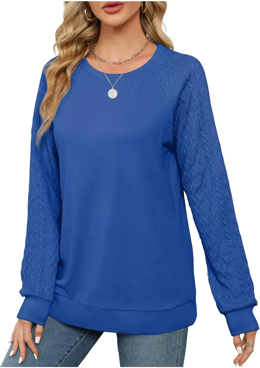 Lightweight Women Crewneck Cable Knit Sweatshirt