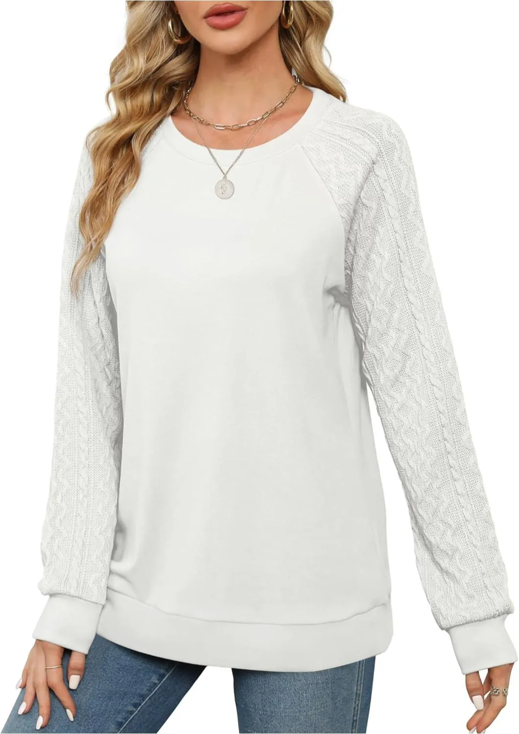 Lightweight Women Crewneck Cable Knit Sweatshirt