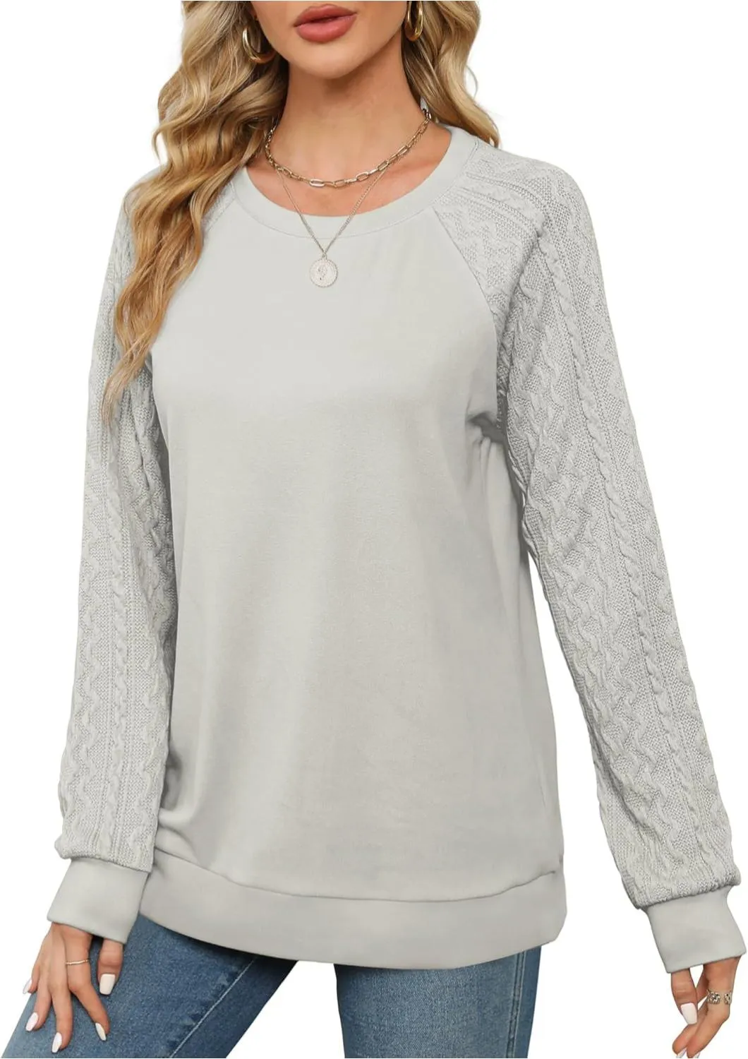 Lightweight Women Crewneck Cable Knit Sweatshirt