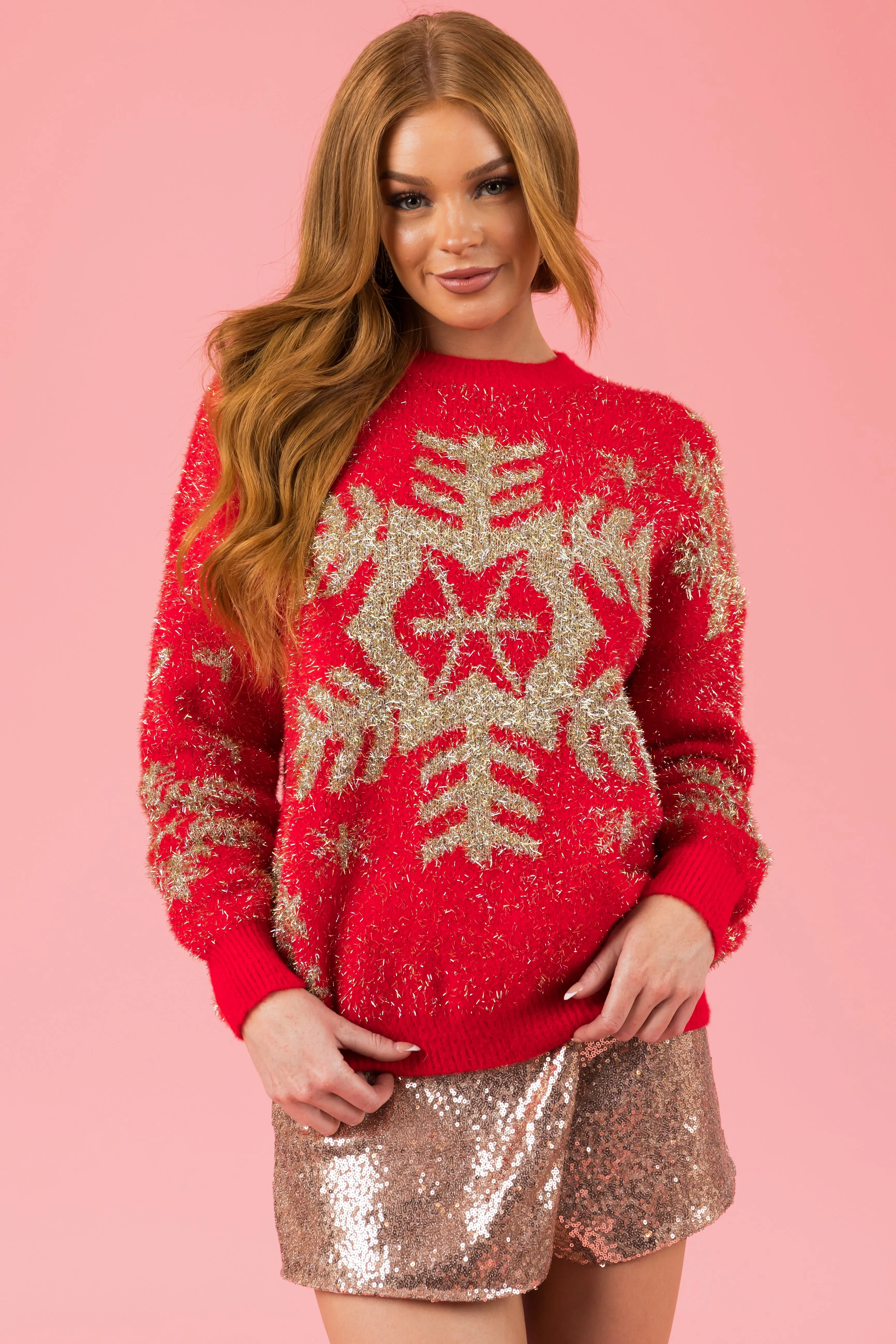 Lipstick Metallic Gold Snowflake Graphic Sweater