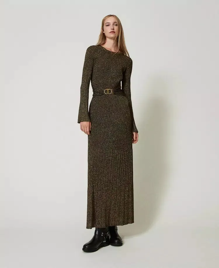 Long Rib Knit Dress With Oval Belt - Black Gold