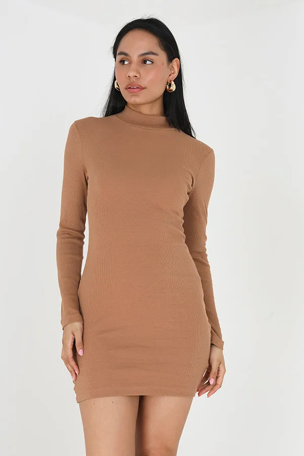 LONG SLEEVE CAMEL RIB KNIT TURTLE NECK DRESS