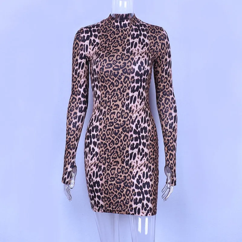 Long Sleeve High Neck Leopard Print Sexy Dress