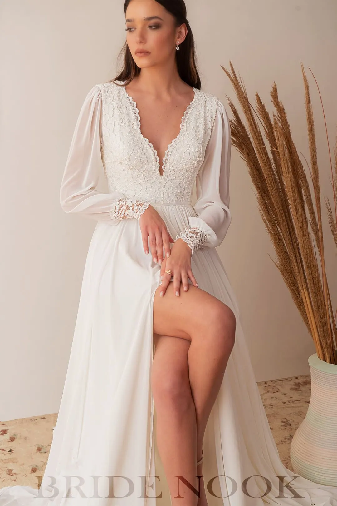 Long Sleeves Lace Wedding Dress With Open Slit Chiffon Skirt